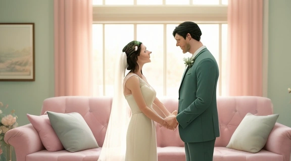 Пара с улыбками обсуждает, как выбрать дату свадьбы, просматривая календарь и планируя будущее торжество.