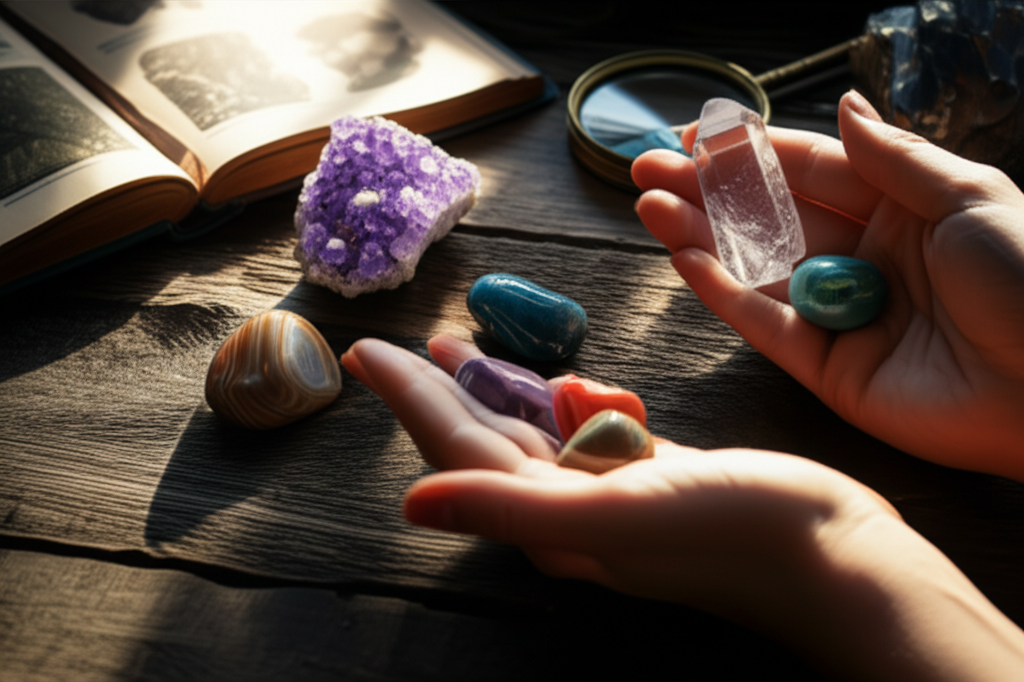 Подробное руководство, как выбрать камень, с изображением рук, изучающих разные натуральные минералы.