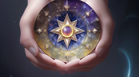 Мистическая рука держит светящийся минерал на фоне зодиакального круга, символизирующий процесс Как выбрать камень талисман по знаку зодиака