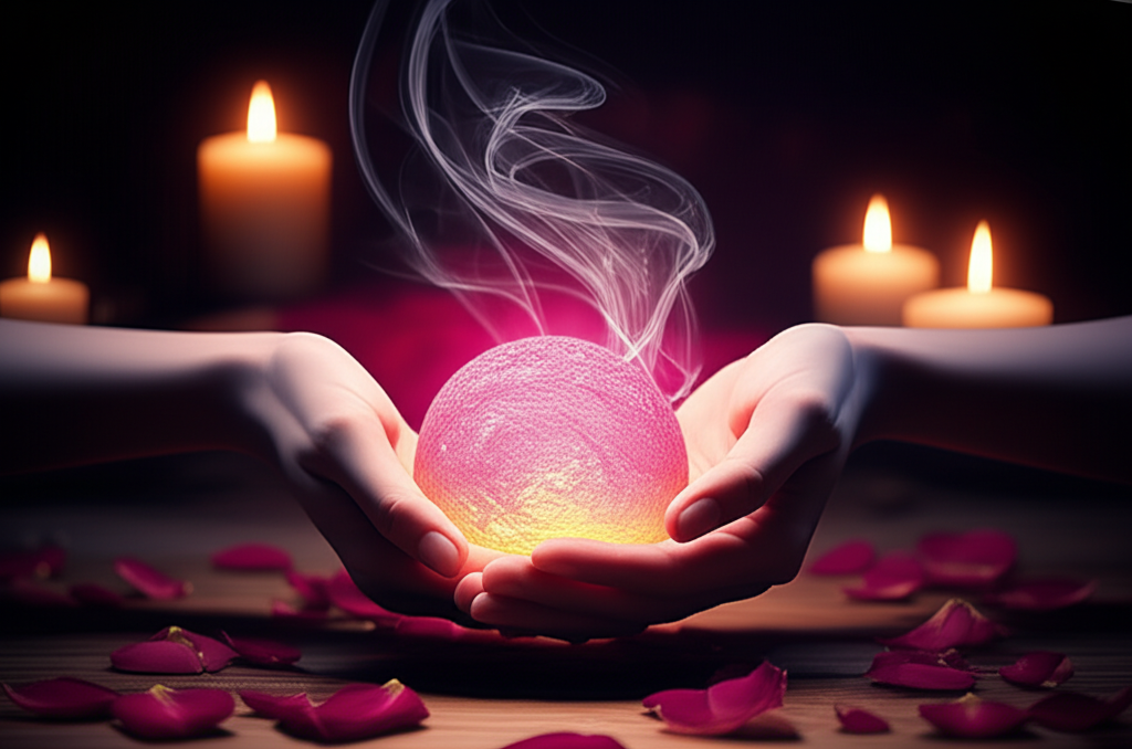 Символический алтарь и светящаяся сфера энергии в руках, иллюстрирующие, как вызвать духа любви