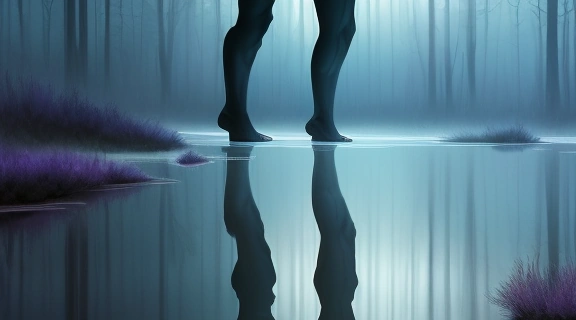 Загадочная фигура перед искаженным отражением, символизирующая процесс, как вызвать своего двойника и встретиться с собственным подсознанием.