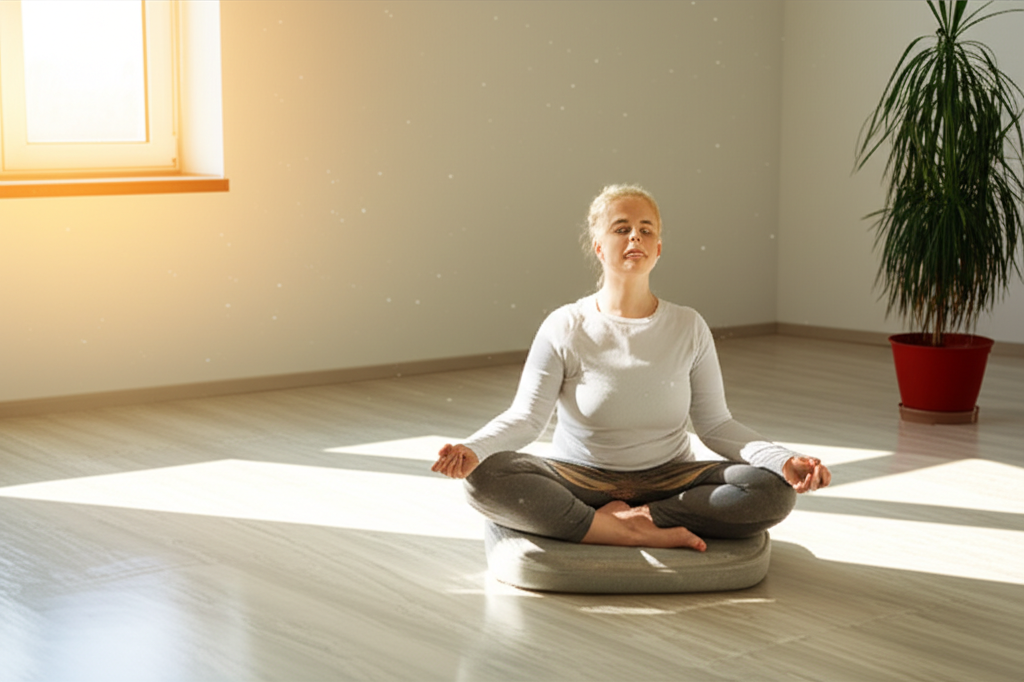 Спокойный человек, понявший как заняться медитацией, сидит в удобной позе у окна в лучах утреннего света.