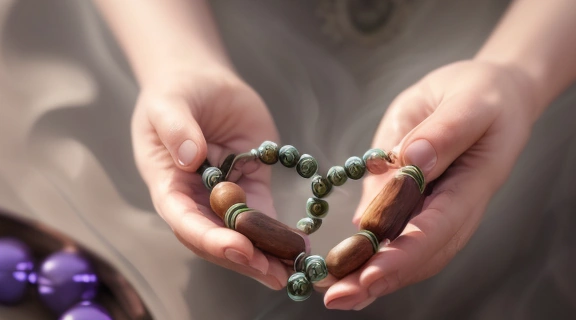 Руки заряжают четки под лунным светом, символизируя активацию духовной энергии.