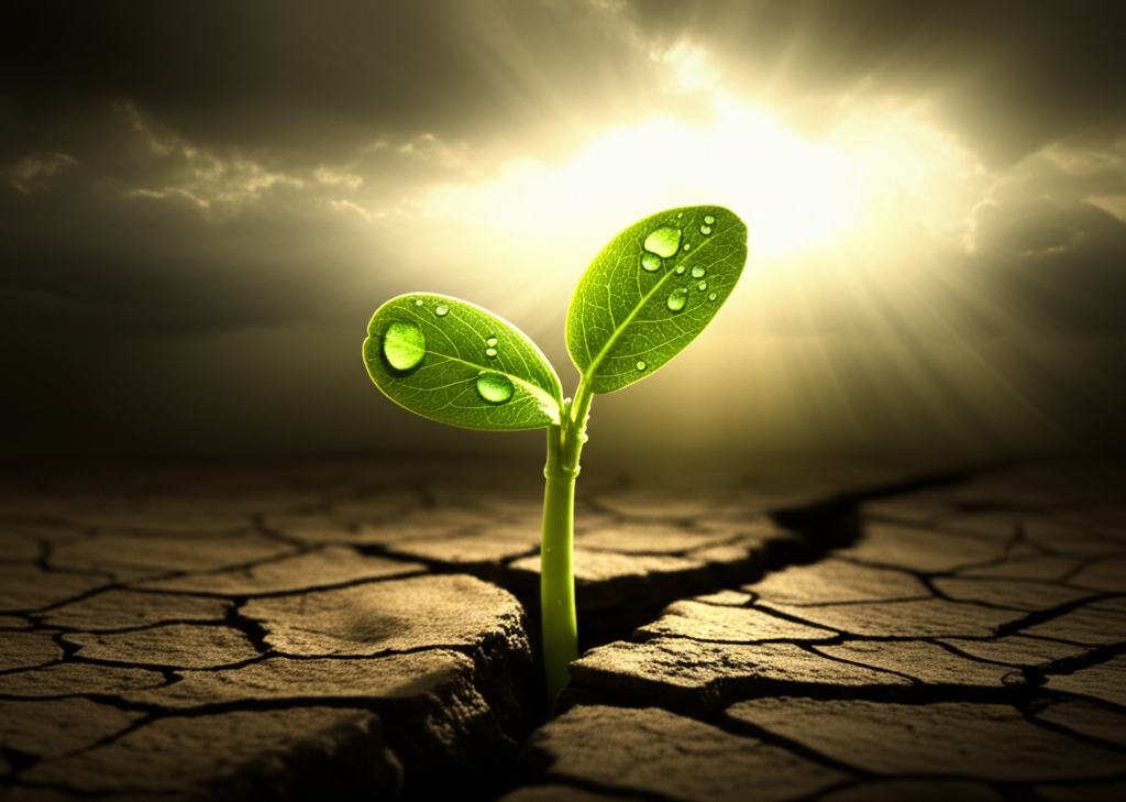 Сильный росток пробивается сквозь сухую землю, иллюстрируя, как защититься от кризиса с помощью стойкости.