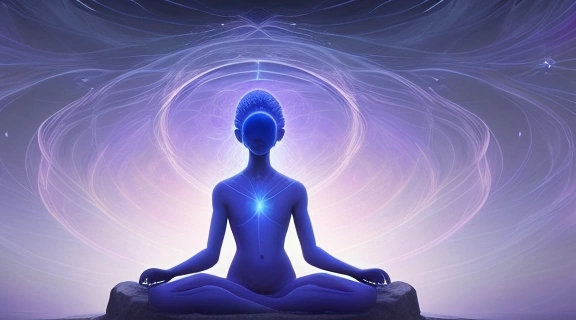 Человек, медитирующий на фоне ночного неба, символизирующего процесс, как заставить видеть сон и погружение в мир осознанных сновидений.