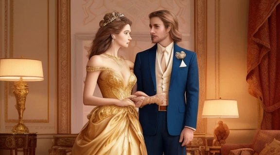 Иллюстрация: элегантная женщина с восхищением смотрит на харизматичного мужчину с царственной осанкой, демонстрируя, как завоевать мужчину льва.