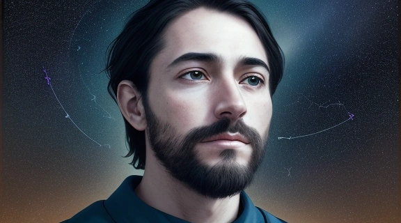 Иллюстрация, символизирующая, как завоевать мужчину водолея, изображающая задумчивого мужчину-Водолея, смотрящего на звездное небо.