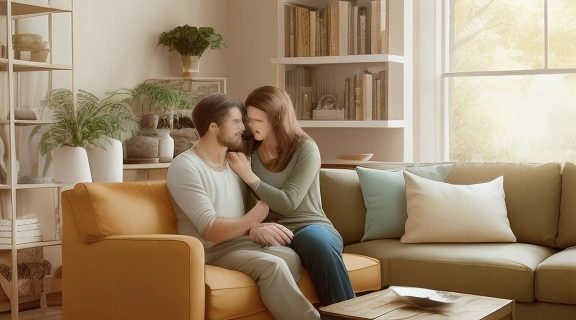 Счастливая пара обнимается в уютном доме, символизируя как женить мужчину тельца и создать крепкую семью.