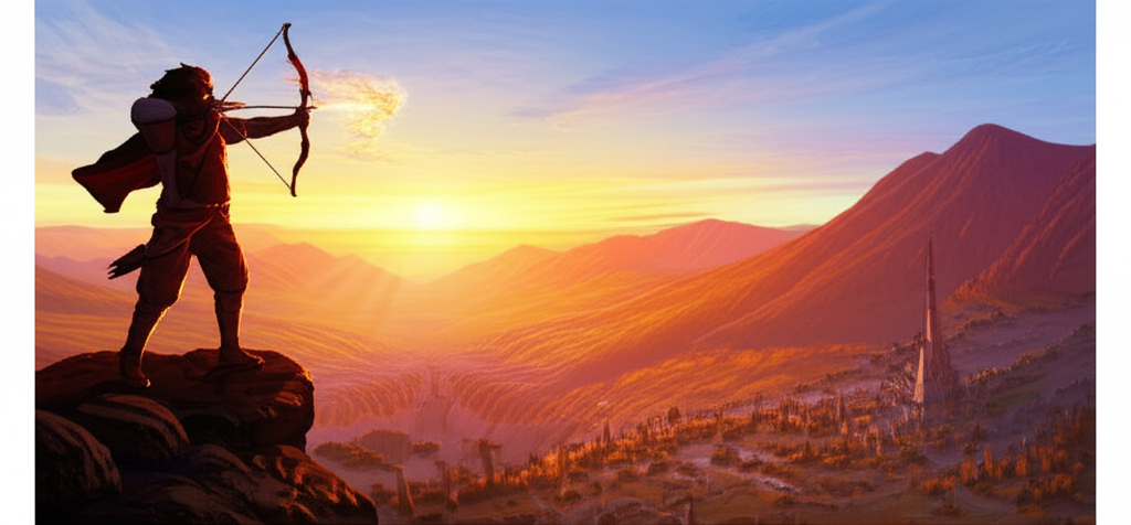 Иллюстрация, отвечающая на вопрос какая стихия у стрельца: огненный лучник на фоне рассвета.