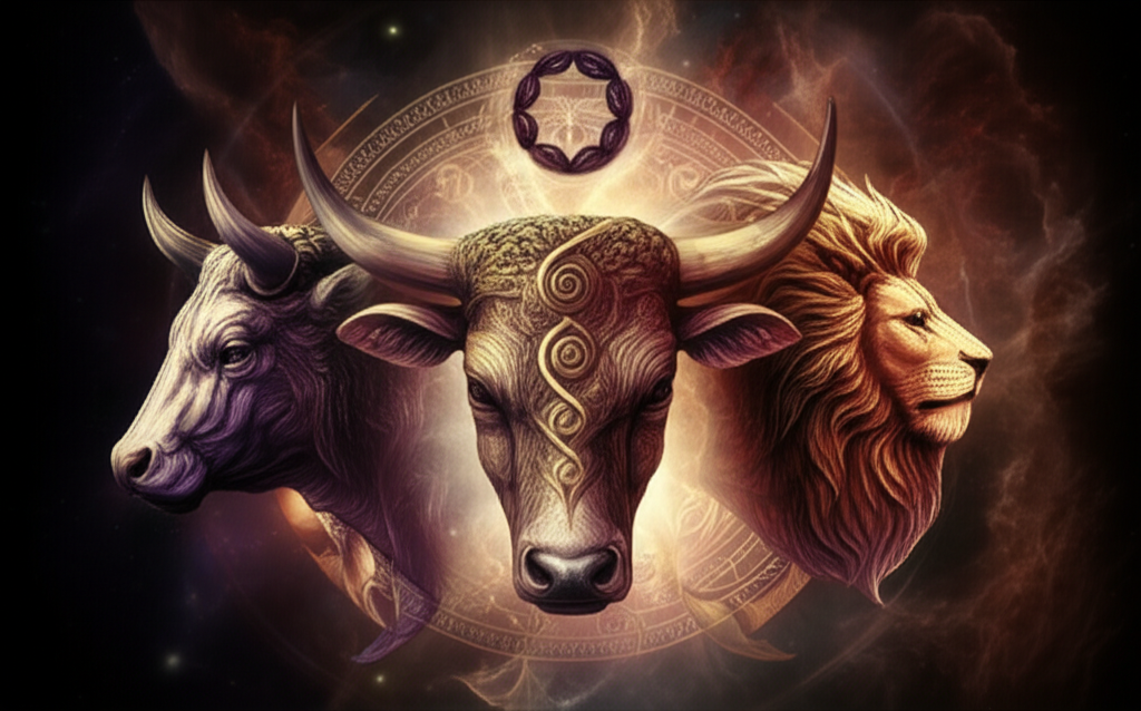Иллюстрация, показывающая символы знаков зодиака Тельца, Скорпиона и Льва, олицетворяющих, какой знак зодиака самый упрямый, в композиции с элементами решительности и силы.
