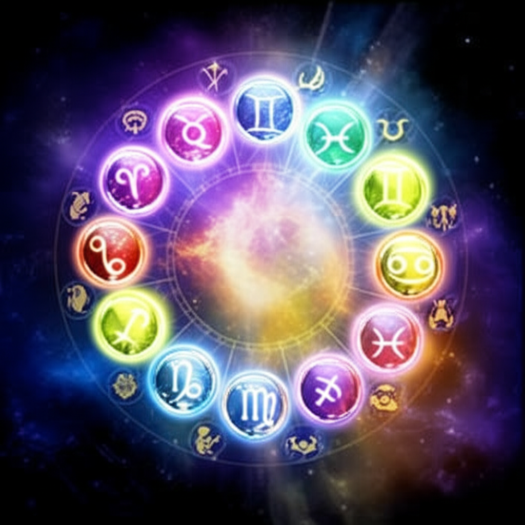 Космический коллаж, на котором изображены камни-талисманы по знакам зодиака, каждый из которых светится уникальным цветом на фоне звездного неба и зодиакальных символов.