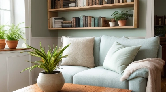 Уютная гостиная, наполненная светом и растениями, символизирующая позитивную Карма дома и гармонию.