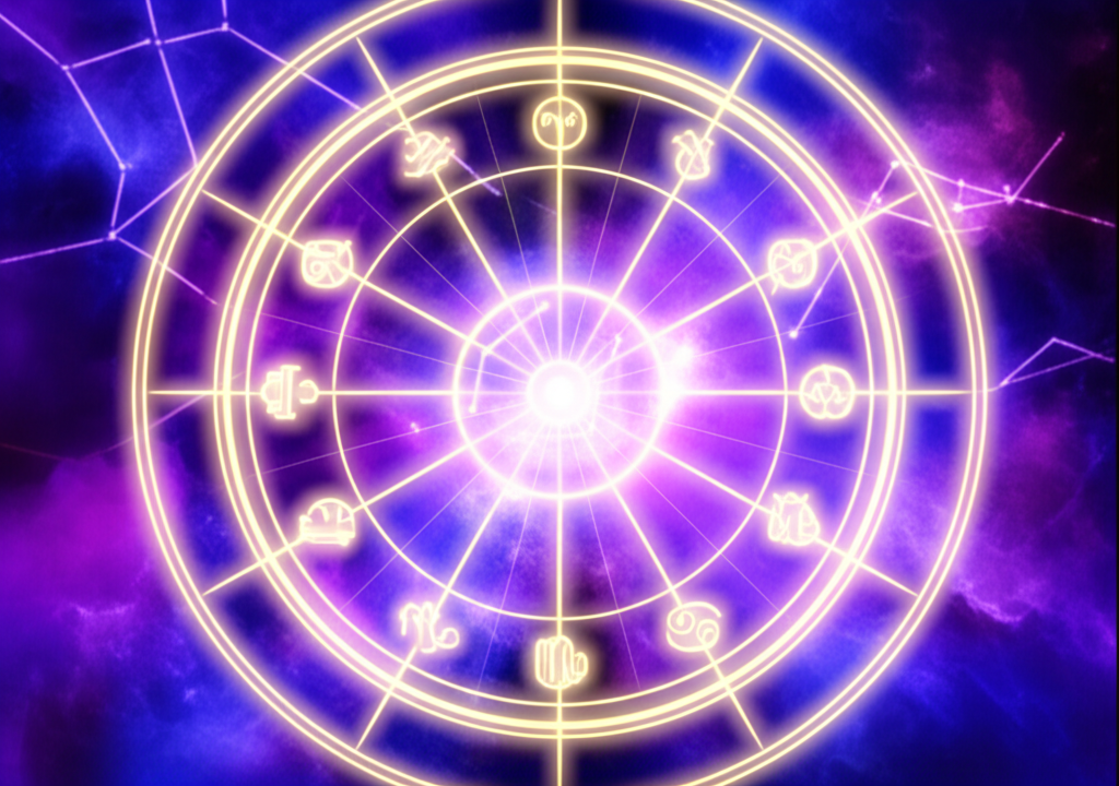Светящееся колесо зодиака в космосе, иллюстрирующее кармические секреты знака зодиака