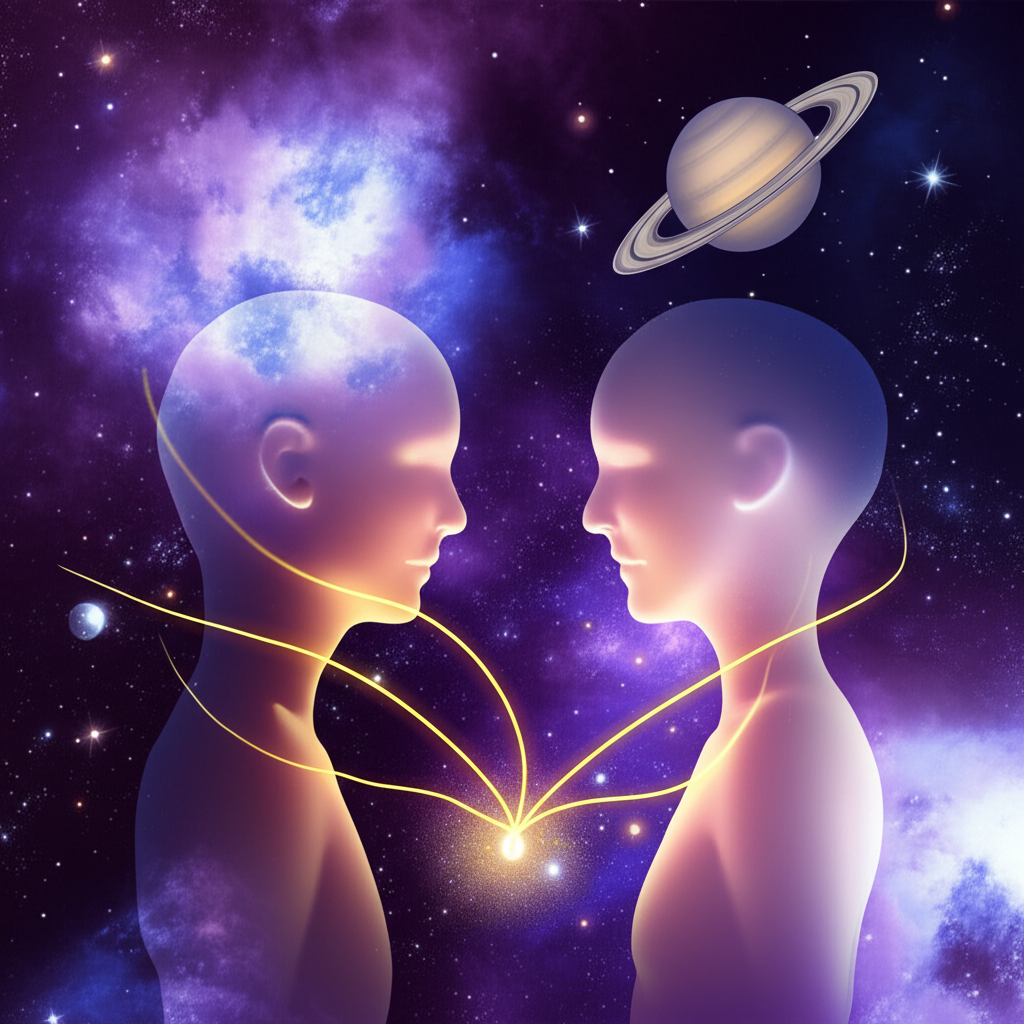 Символическое изображение того, что такое кармические связи в астрологии: две фигуры, соединенные нитью судьбы на фоне космоса.
