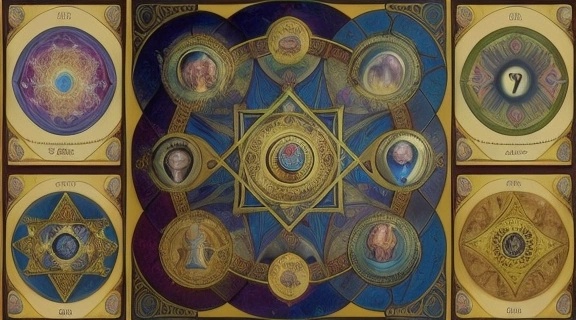 Расклад, демонстрирующий карты таро алистера кроули значение с их сложной символикой на старинном деревянном столе.