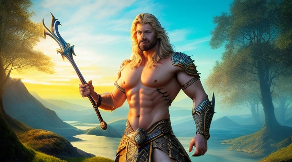 Величественный кельтский бог Луг с золотым копьем на фоне древнего пейзажа, демонстрирующий многогранность кельтские боги луг.