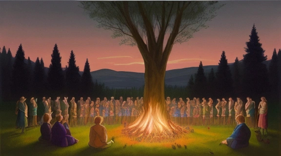 Изображение демонстрирует атмосферу древних Кельтские праздники, с кострами и танцами вокруг Майского дерева.
