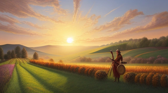 Изображение демонстрирует празднование кельтские праздники лугназад с людьми в традиционных нарядах, собирающими урожай и готовящимися к пиршеству на фоне заходящего солнца.