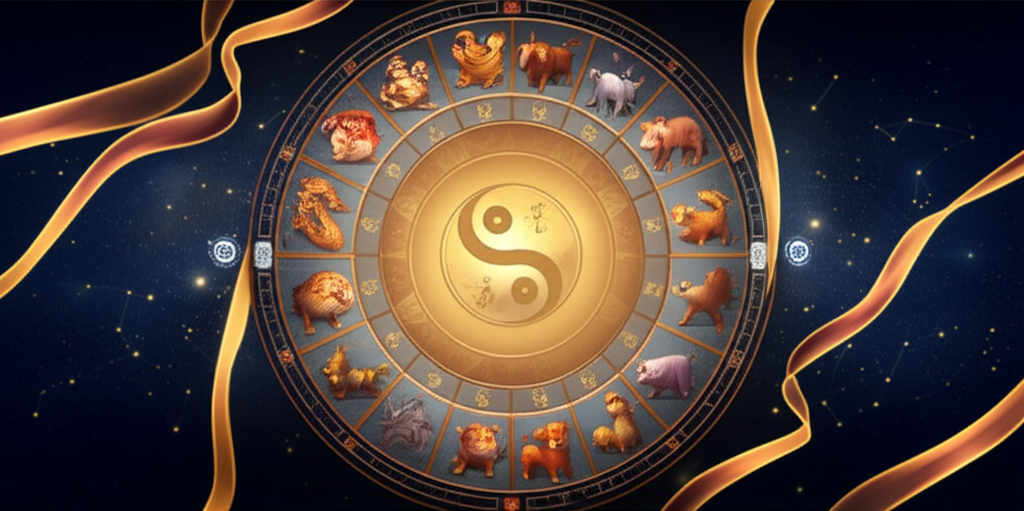 Иллюстрация, на которой изображен китайский календарь в виде круга с 12 животными зодиака и символами пяти стихий.