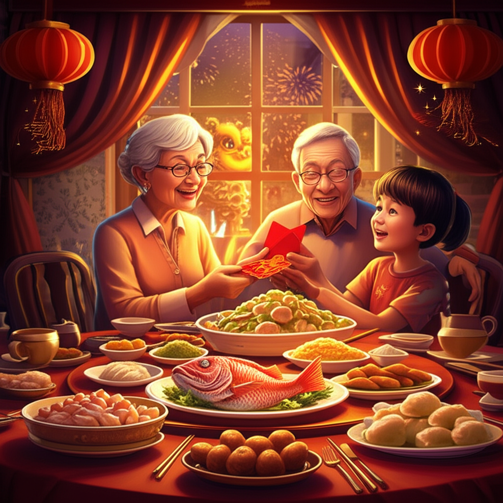 Семья празднует Китайский Новый год за столом с традиционными блюдами и красными фонарями.
