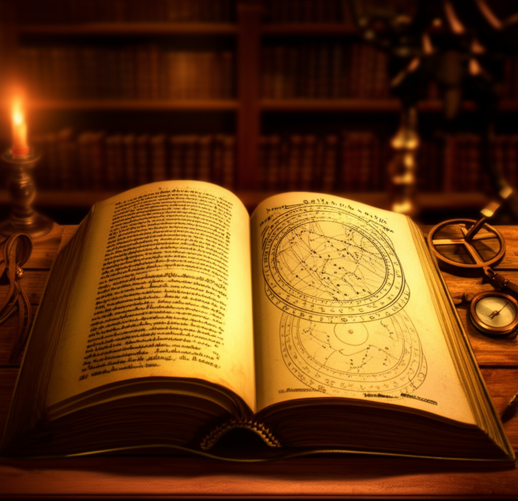 Старинная книга и астрологическая карта, иллюстрирующие классические труды по астрологии.