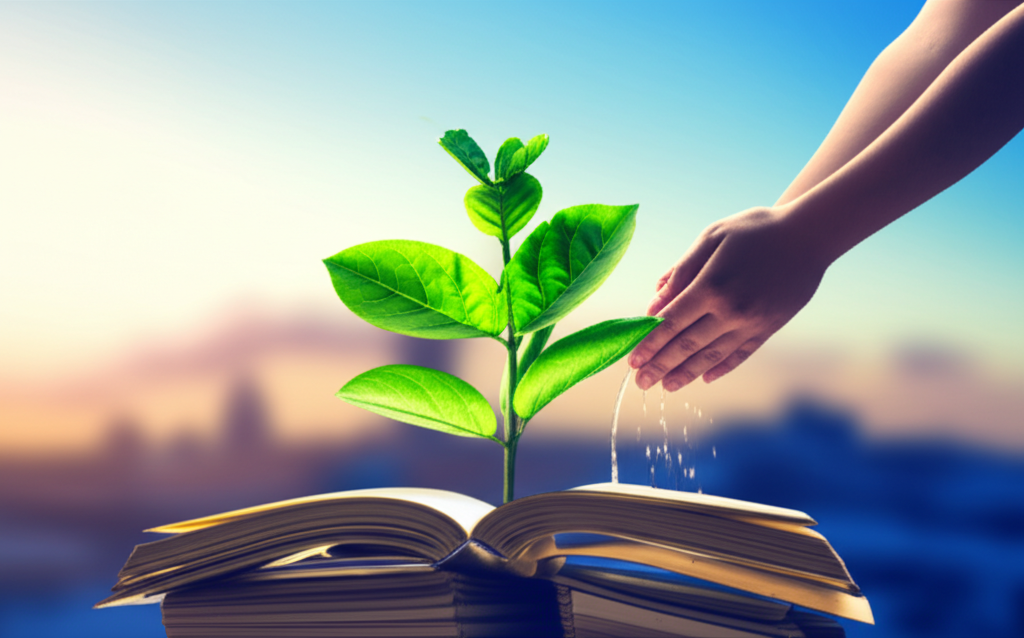 Человек, который создает благоприятные условия социального роста, поливая росток на стопке книг.