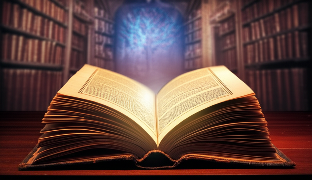 Древние Книги Каббалы на столе в старинной библиотеке, освещенные мистическим светом.