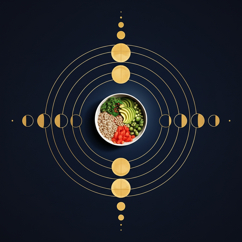 Иллюстрация, на которой изображен лунный цикл и полезная еда, отвечающая на вопрос, когда худеть подскажут звезды.