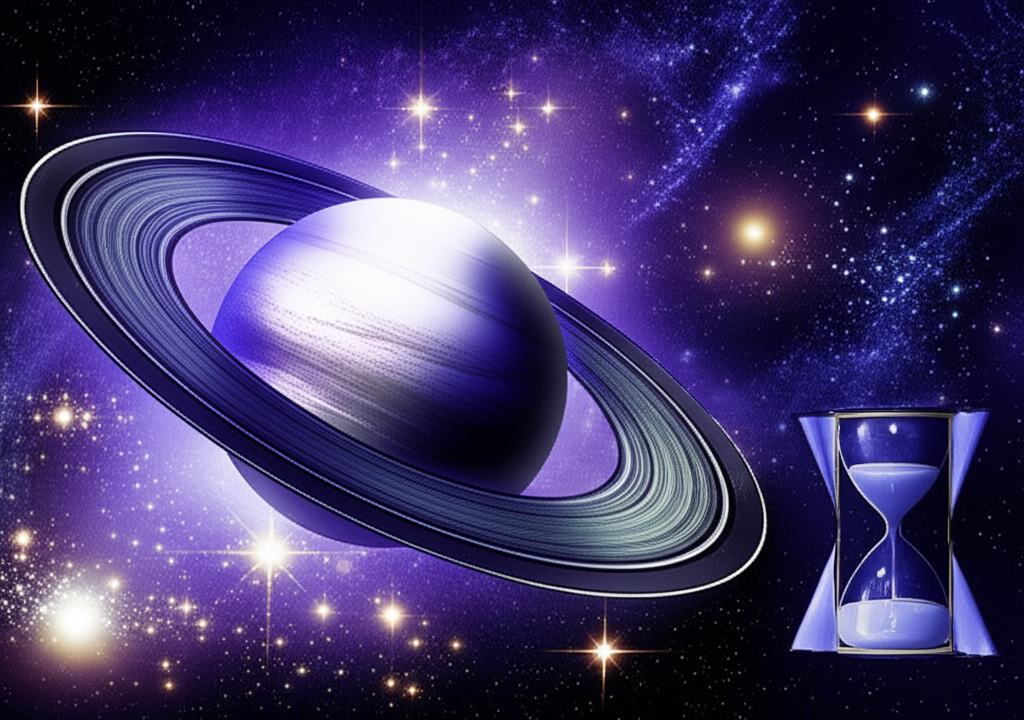 Иллюстрация, изображающая Сатурн в мистическом свете, символизирующая период, когда Сатурн ретроградный в 2025 году, с акцентом на интроспекцию и переосмысление.