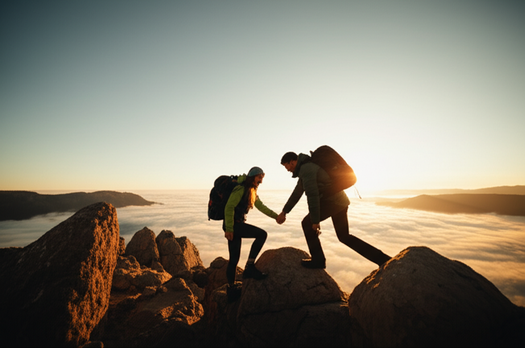 Момент, когда влюбляется Козерог: пара на вершине горы, символизирующая надежность и поддержку.