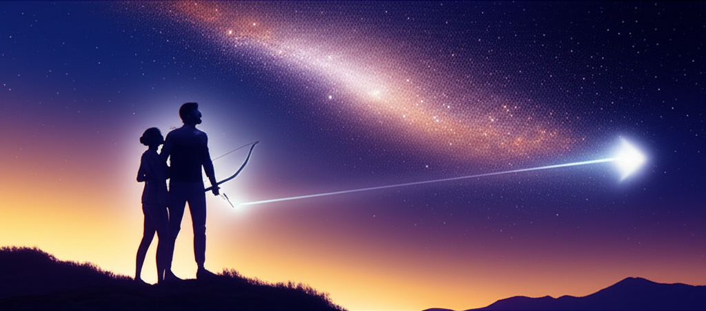 Символическое изображение, показывающее, когда влюбляется Стрелец, и его стремление к совместным открытиям с партнером.