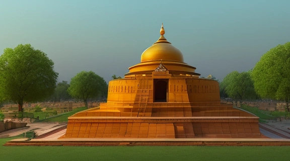 Паломники и Дамекх Ступа в Колыбели буддизма Сарнатх на закате.