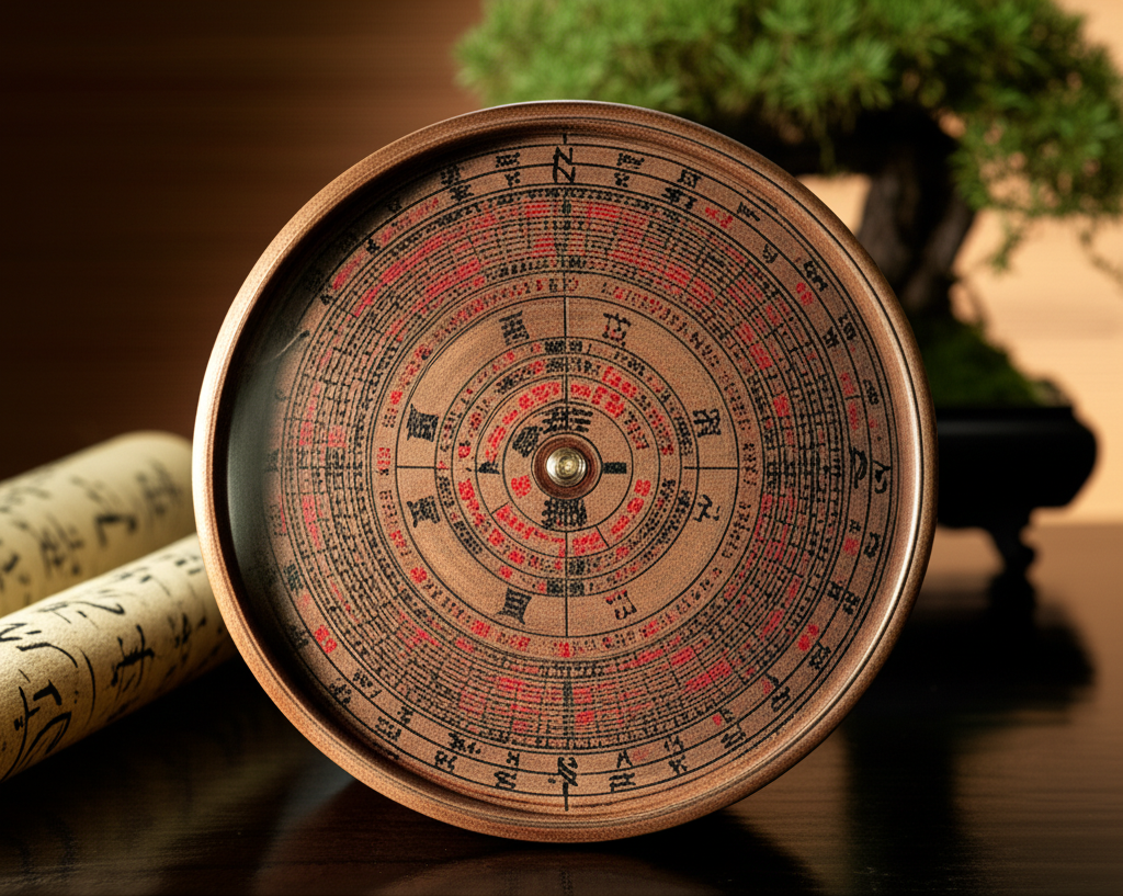 Профессиональный компас ло-пань с иероглифами на деревянном фоне.