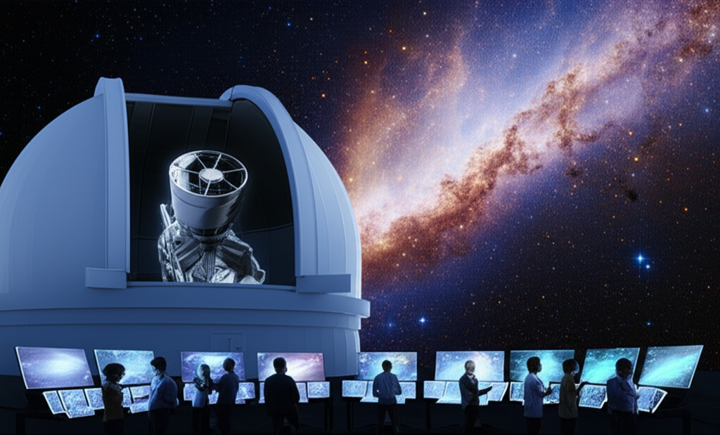 Астрономы в обсерватории спокойно изучают космос, символизируя, что конец света отменяется благодаря научному знанию.