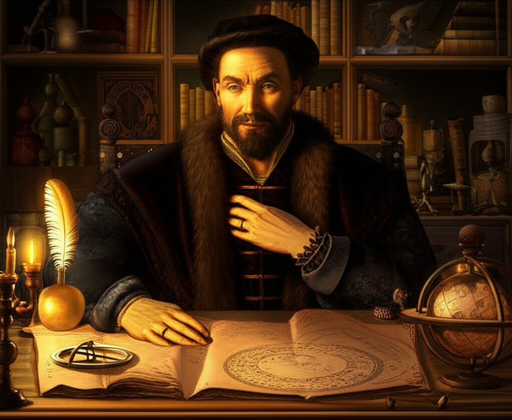 Портрет Корнелиуса Агриппы, окруженного астрологическими инструментами и книгами, иллюстрирующий его связь с темой корнелиус агриппа и астрология.