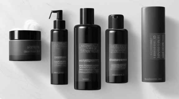 Изображение демонстрирует набор косметических средств для мужчин на светлой столешнице в ванной комнате, символизируя современный мужской уход.
