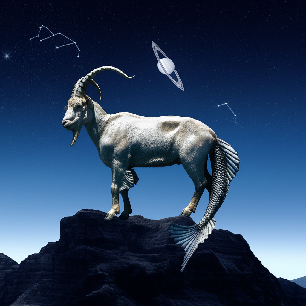 Символическое изображение созвездия, иллюстрирующее, козерог когда рождается, на фоне гор и звездного неба.
