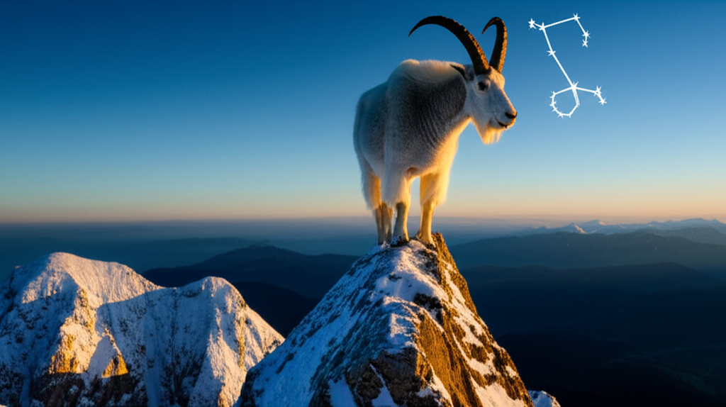 Символ знака зодиака козерог в виде горного козла на вершине скалы.