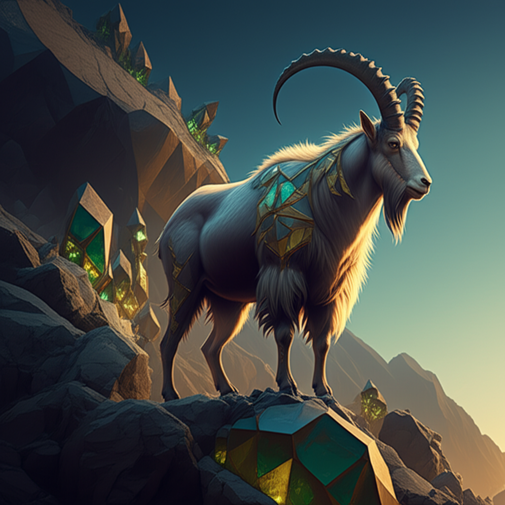 Символическое изображение горного козла на скале, иллюстрирующее тему козерог стихия знака — Земля.