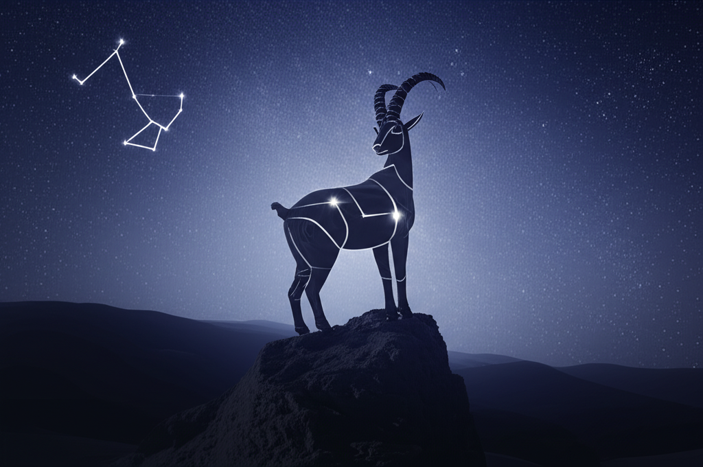 Символическое изображение Козерог знак зодиака на фоне звездного неба и гор