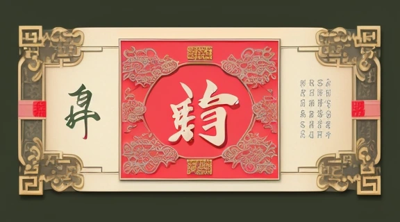 Крупный план традиционного красного конверта, символизирующего процветание и удачу, с новыми купюрами внутри на фоне праздничного убранства.