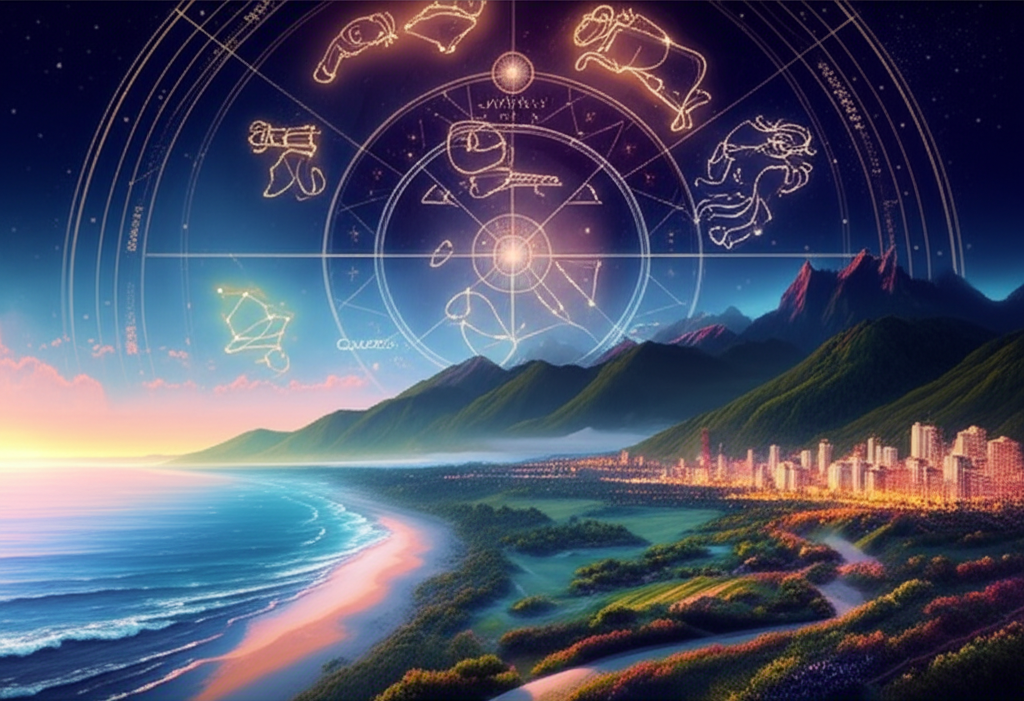 Звездная карта и пейзаж, иллюстрирующие куда поехать летом астрологические советы.