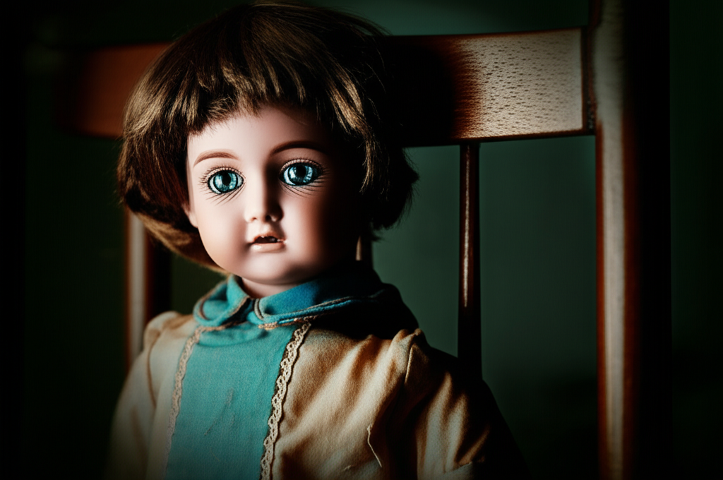 Старинная фарфоровая кукла сидит в темной комнате, ее стеклянные глаза словно куклы видят вас насквозь.