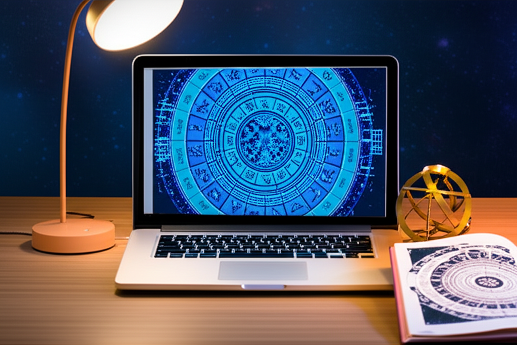 Студент проходит онлайн курсы астрологии, анализируя натальную карту на ноутбуке.