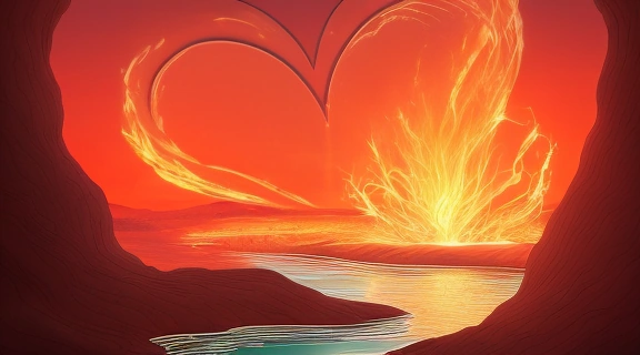Символическое изображение: Лава любви, изливающаяся из вулкана в виде переплетающихся потоков тепла и света, преобразует окружающий мир в пышный сад, символизируя созидательную силу глубоких чувств.