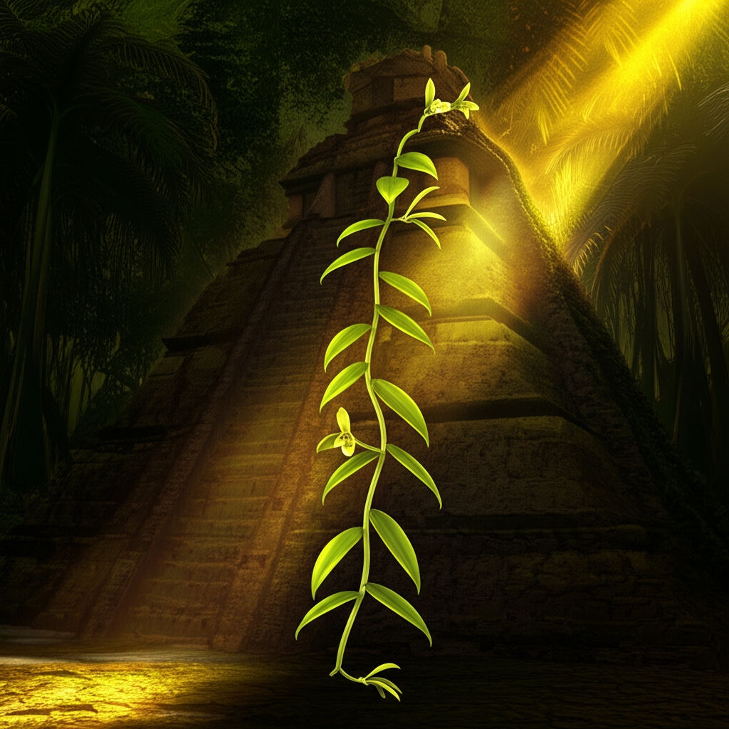 Древний мексиканский храм, у подножия которого растет ванильная орхидея — иллюстрация к теме легенда о ванили.