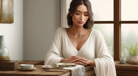 Задумчивая женщина у стола с Таро, символизирующая глубокий личный расклад и самопознание