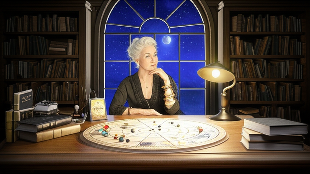 Мудрая женщина-астролог изучает звездную карту, символизируя вклад, который внесли лиз грин и астрология в современное знание.