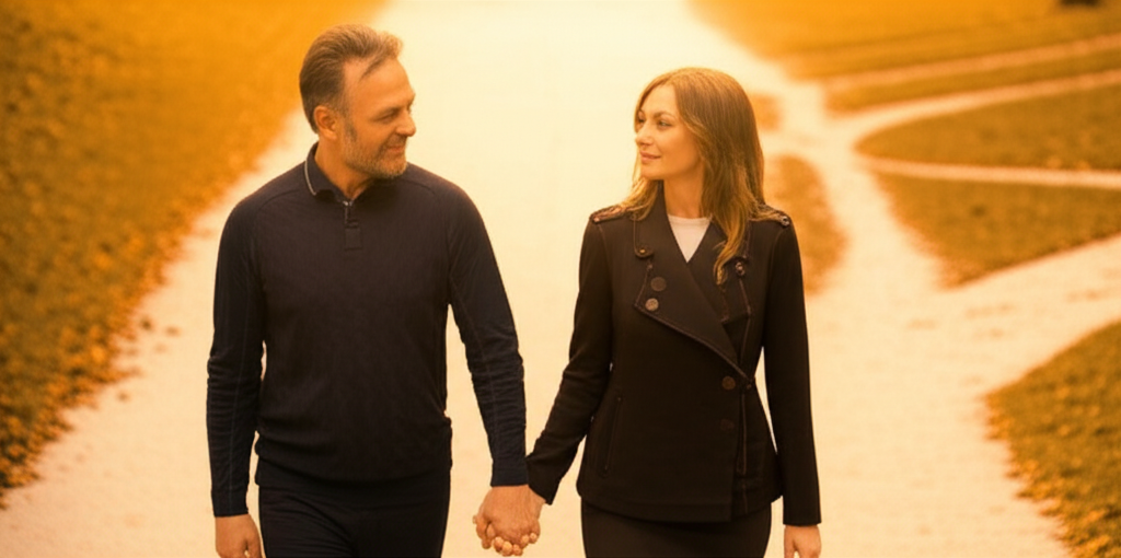 Пара, идущая по осенней тропе, символизирует, что любить разведенного — это строить общее будущее.