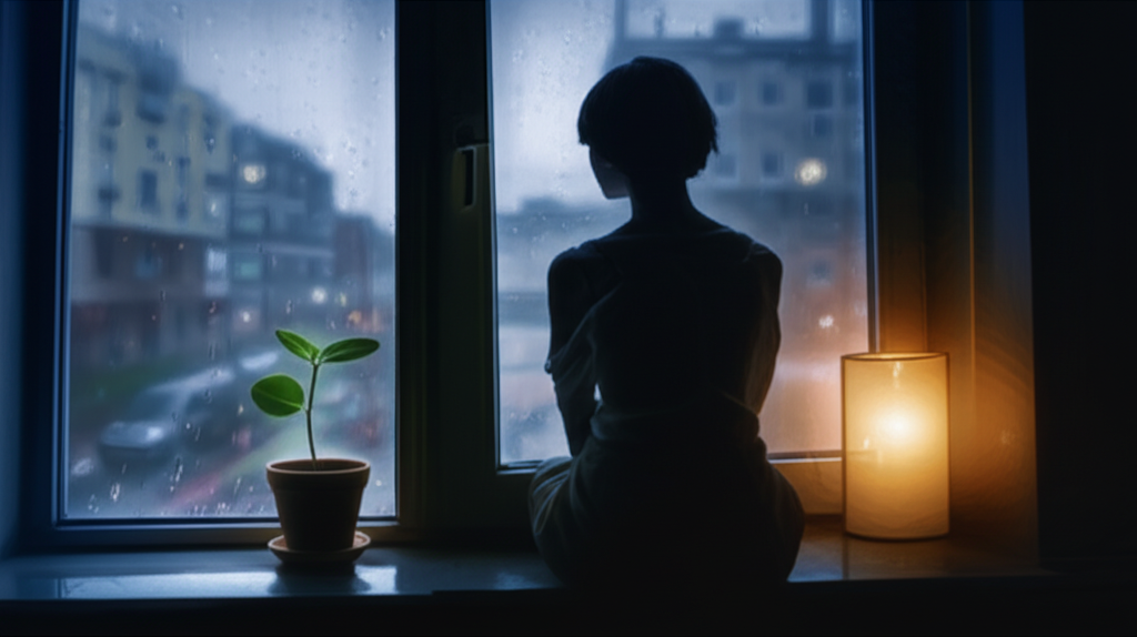 Человек сидит у окна в дождливый день, размышляя о том, что такое любовь без ответа, и находя в себе силы для роста.